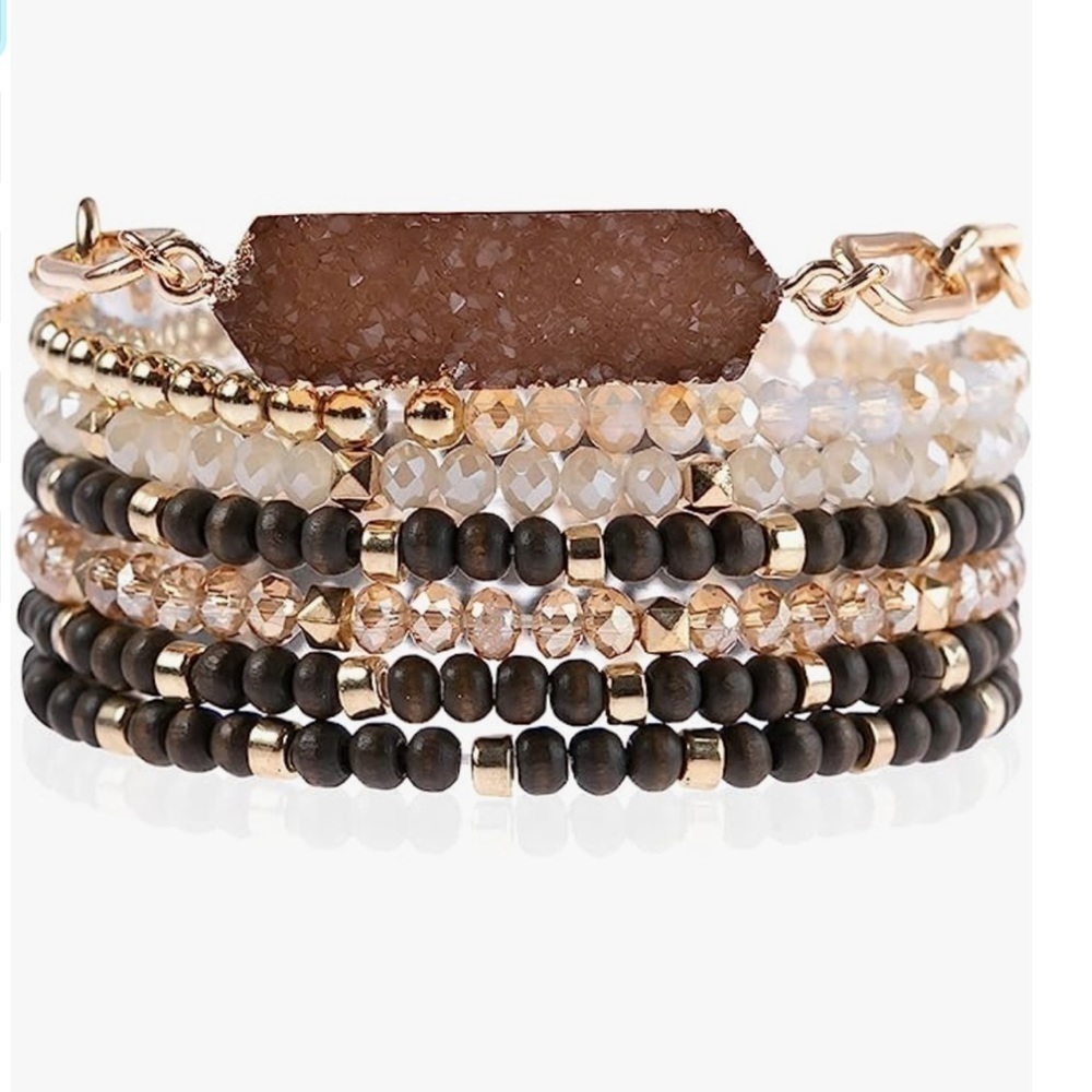 RIAH Boho 7 Strand Bracelet Set Hexi Wood Beads Acrylic Druzy BR07.7